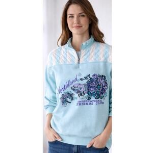 Vintage Northland 1/4 Zip Sweatshirt Floral USA Women M Blue 90s